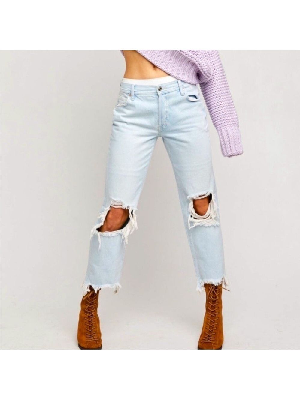 Free People Maggie Mid Rise Straight Leg Jeans Distressed Crop Raw Hem Size 27